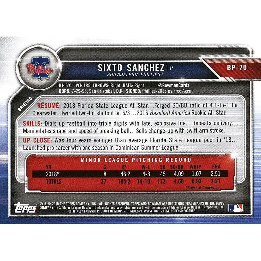 2019 Bowman Prospects Sixto Sanchez #BP-70 Philadelphia Phillies